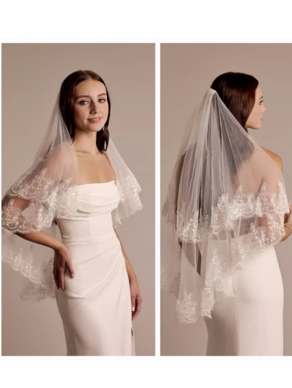 David's Bridal White Two Tier Lace Tulle Embellished Bridal Veil - Picture 4 of 17